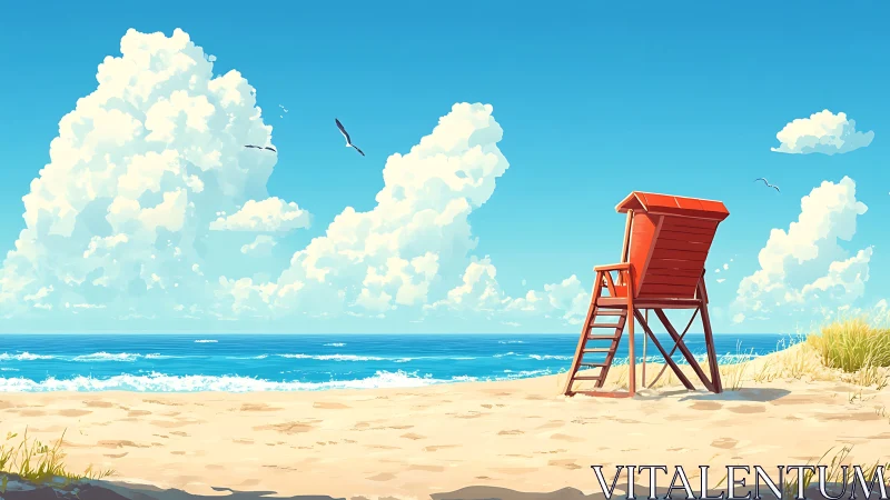 Red lifeguard chair on sandy shoreline under clouds.