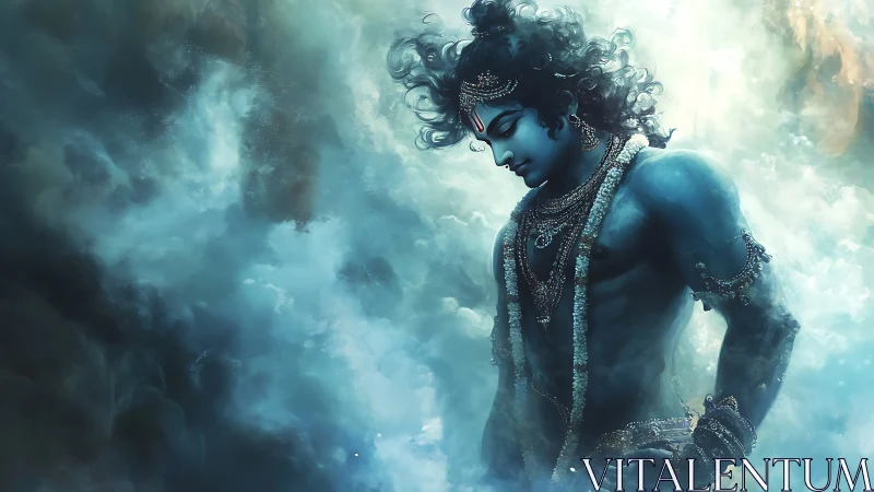Blue celestial warrior in ethereal cloudscape with jeweled adornment