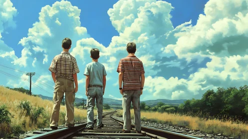 Boyhood friends gaze down sunlit country rail tracks.