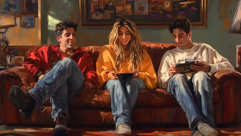 Three friends on worn sofa focused on handheld gaming devices