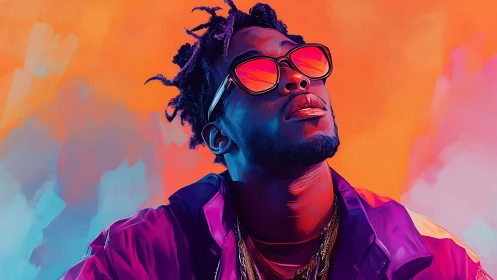 Neon portrait captures confident man in vivid duotone light.