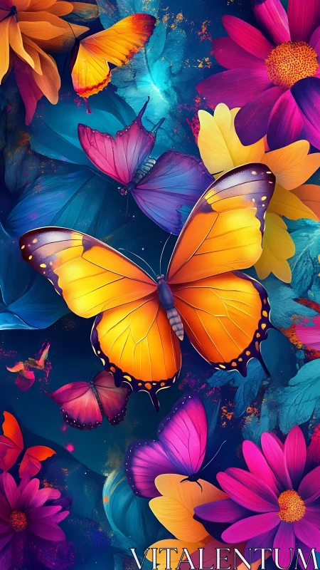 Vibrant digital butterflies glide amid neon florals in motion