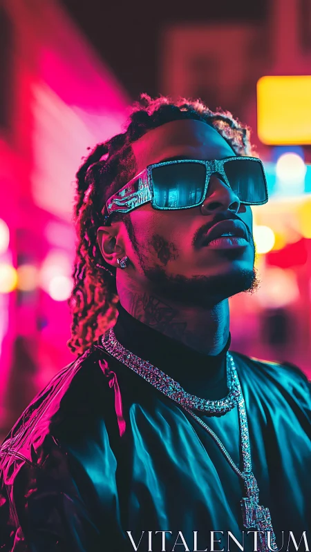 Neon-lit portrait of stylish man in reflective streetwear.