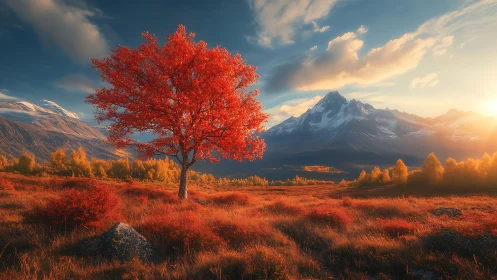 Scarlet lone tree converses with mountains in molten sunset hush