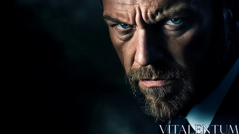 Intense bearded man gazes into the dark with icy resolve