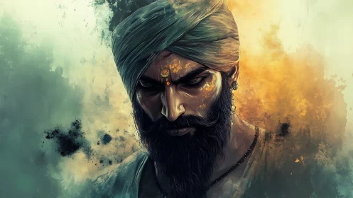 Turbaned warrior lowers gaze in molten golden haze.
