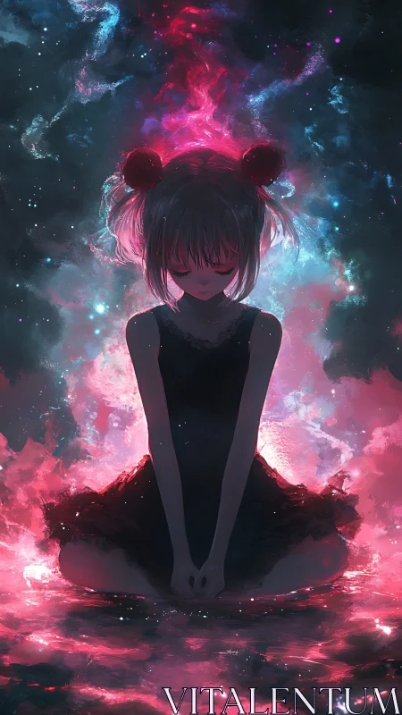 Celestial silhouette girl amid neon cosmic nebula glow.