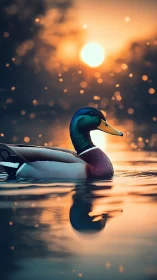 Golden sunset serenity with a quietly drifting duck.