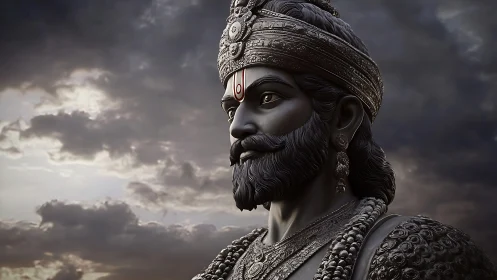 Regal warrior statue gazes ahead beneath a storm-lit sky