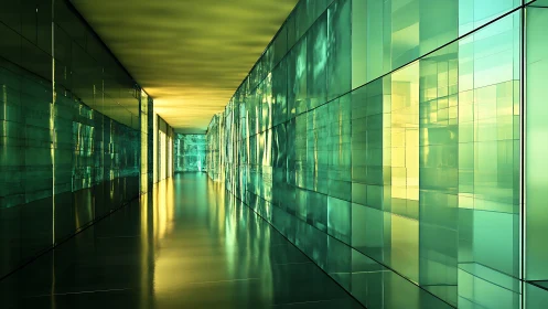 Luminous glass corridor with reflective teal and gold panels.