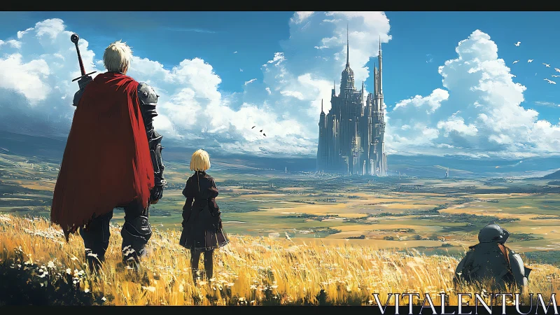 Warrior trio surveying distant citadel across golden plains.