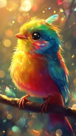 Multicolored digital songbird perched on branch in bokeh field.