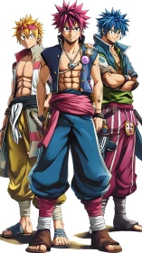 Trio of anime warriors in asymmetrical adventure gear.