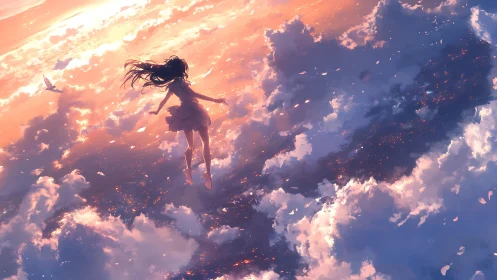 Sky-dancing dreamer drifting through molten sunset clouds.
