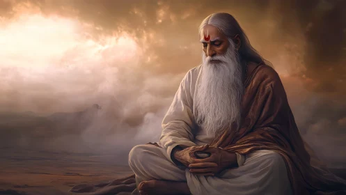 Elderly sage meditates in stormlit desert under glowing sky