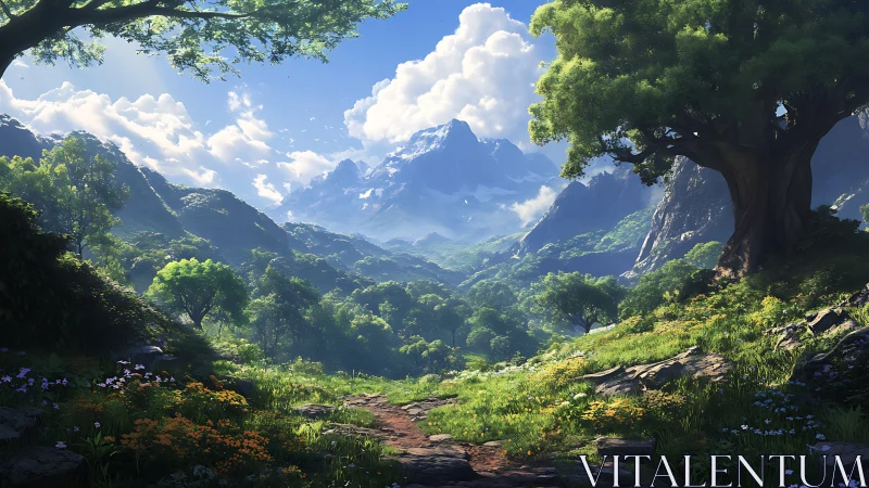Mountain valley landscape with forest path under daylight.