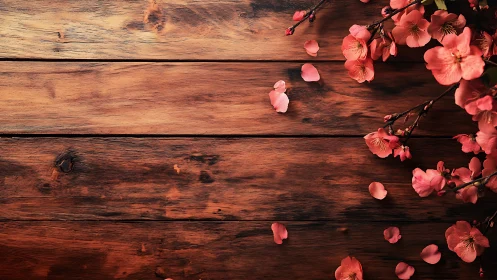 Coral Blossoms on Weathered Wood: Floral Still Life Composition.