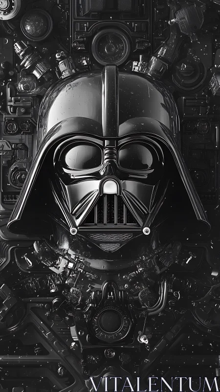 Black sci fi helmet with mechanical background in close view.