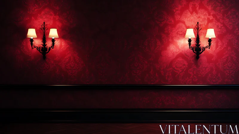 Wall-mounted lamps illuminate red patterned wallpaper evenly