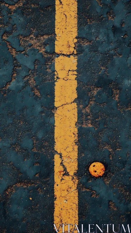 Sunny cookie meets cracked yellow line on worn asphalt.