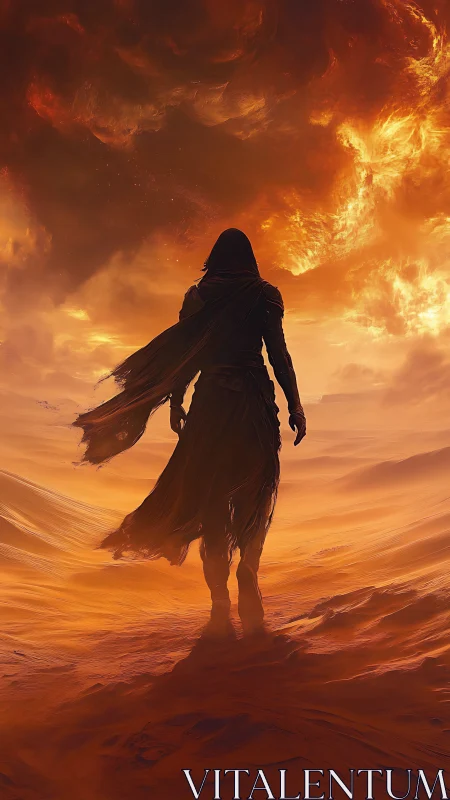 Hooded figure on windswept desert under burning sky.