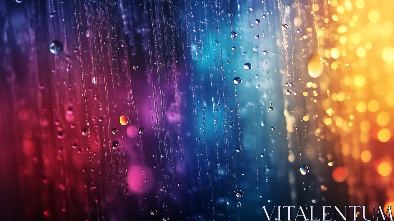 Chromatic rain streaks over neon bokeh gradient window.