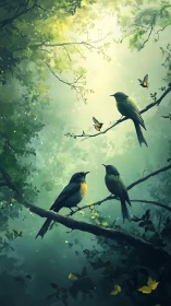 Songbirds rest in a glowing forest canopy of misty light