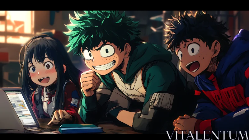 Laptop-lit heroes huddle, anime trio chasing online victory.