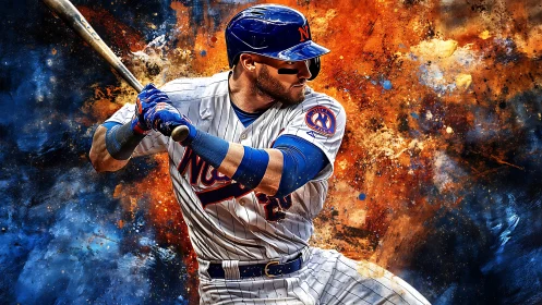 Baseball batter in mid swing against explosive color art