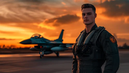 Military jet pilot stands on runway at vivid sunset