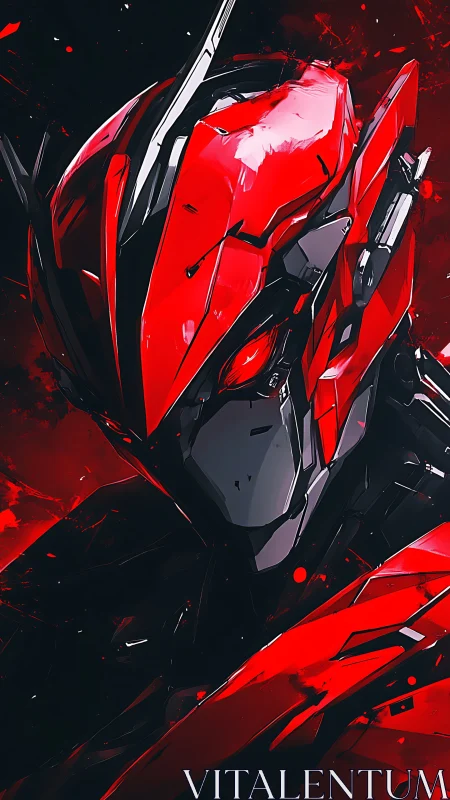 Red cybernetic warrior helmet glows against dark void