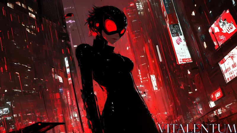Masked vigilante in neon red cyberpunk cityscape at night.