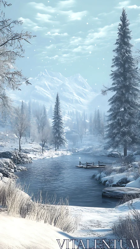 Snowy mountain river under pale winter morning light.