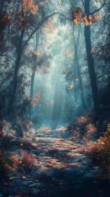 Autumn Forest Path with Ethereal Mist Light