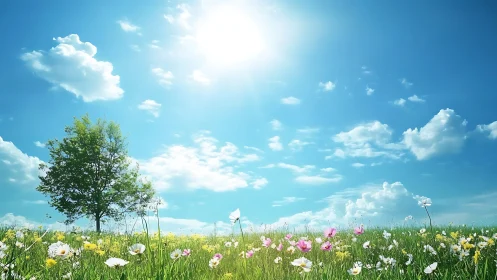 Sunlit wildflower meadow under expansive spring sky.