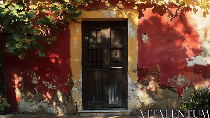 Sunlit red wall and quiet wooden door wrapped in vines.
