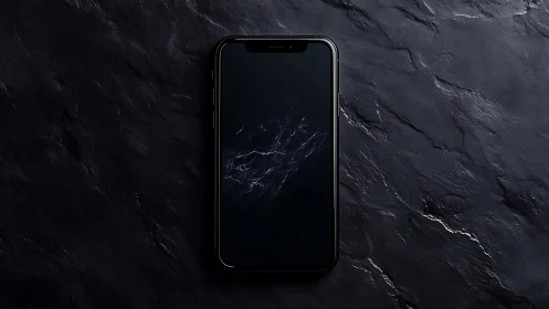 Black smartphone on dark stone surface, minimalist composition.