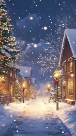 Snowy Christmas village street under glowing lamplights.