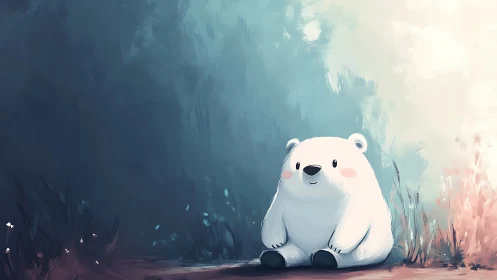 White bear sits softly in glowing pastel forest clearing