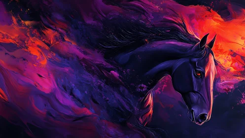 Horse head emerges from abstract purple and orange flames
