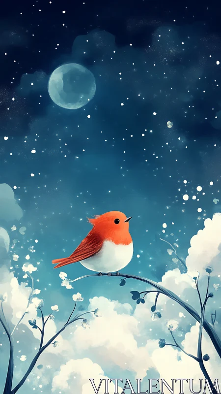 Nocturnal Cardinal: Celestial Landscape with Starlit Avifauna.