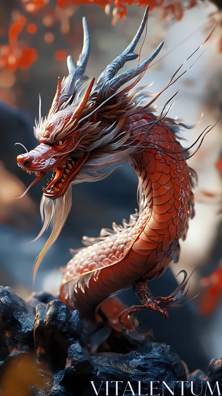Coiled red dragon rendered on rocky outcrop in profile view.