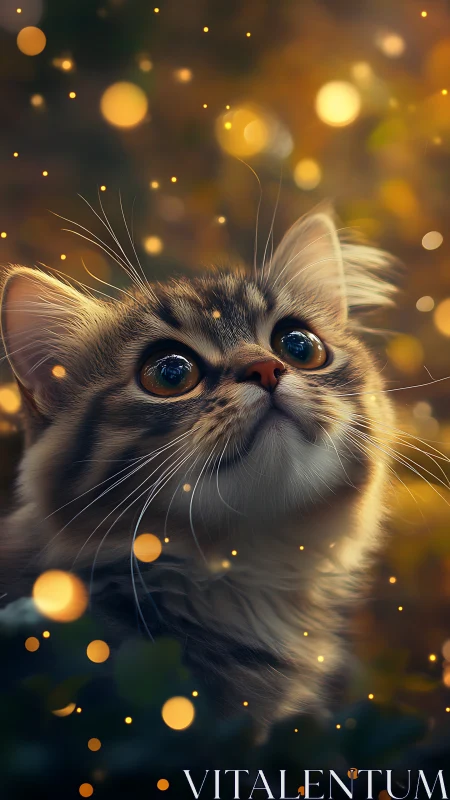 Wide-eyed Kitten Surrounded by Luminescent Bokeh.