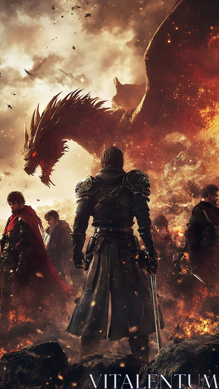 Dragonfire vanguard confronts blazing skyborn titan in ruin.