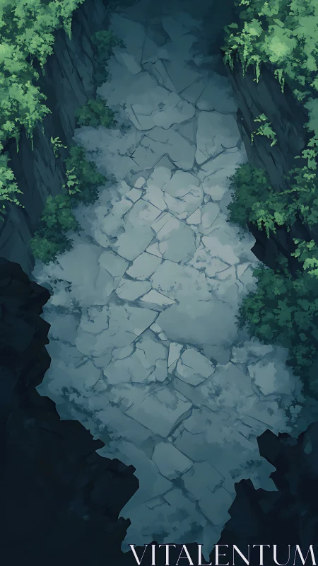 Rocky forest ravine floor glows softly in shaded light