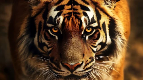 Front-facing tiger portrait with intense bilateral symmetry