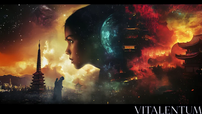 Cosmic-lit female profile overlays dual-temple cityscapes in flames