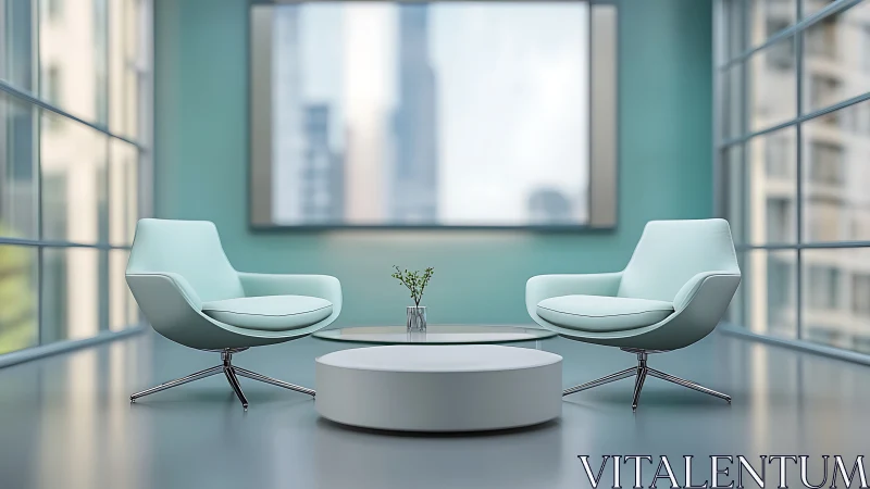 Minimalist lounge with paired swivel chairs and circular table in glass atrium
