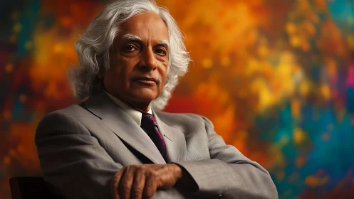 Photorealistic elder portrait against chromatic bokeh field.