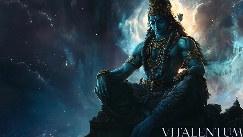 Blue-skinned seated deity in cosmic nebula environment.